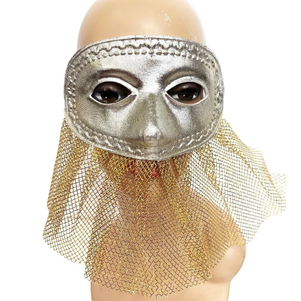 Domino style Silver Fabric Mask with Gold netting NWT NOS